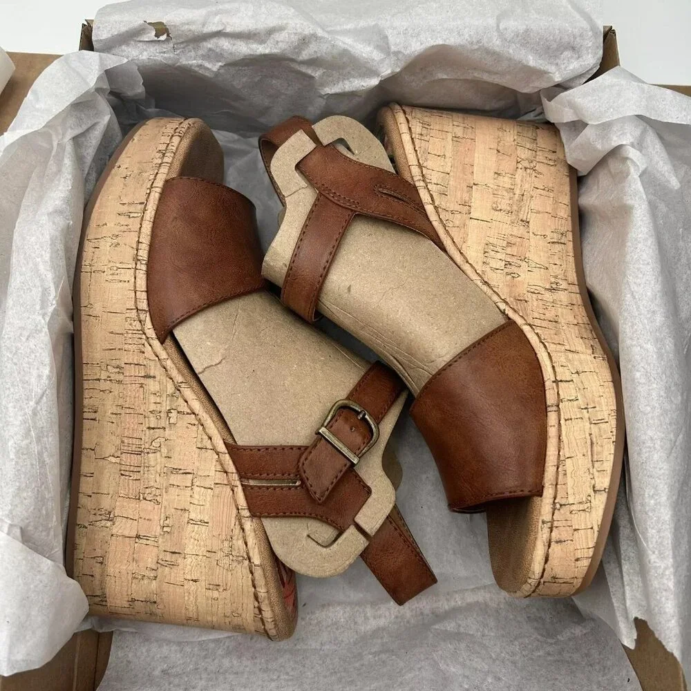 BOC Corrie Women's Platform Wedge‎ Sandal Size 9 Brown/Tan Faux Leather Upper